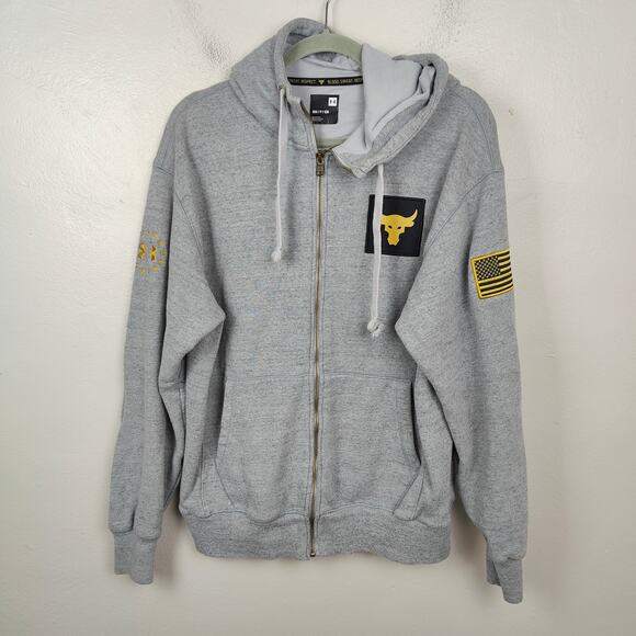 Under Armour Project Rock Hoodie Sweatshirt Men Small Gray Full Zip Veterans Day - Picture 1 of 9